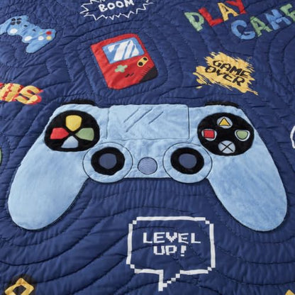 Kids Full/Queen Navy Blue Game Controller Quilt Set - 3 Piece Bedding