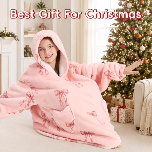 Kids Wearable Blanket Hoodie Pink Bow Oversized Cozy Winter Gift