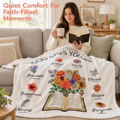 Christian Blanket for Women with Flowers - Religious Inspirational Gift - Bouquet-White Variation 50x60"