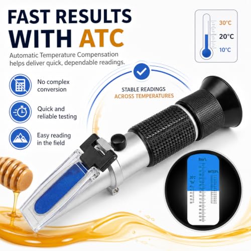 Honey Refractometer 58-90% Brix Moisture & Baume Testing with ATC