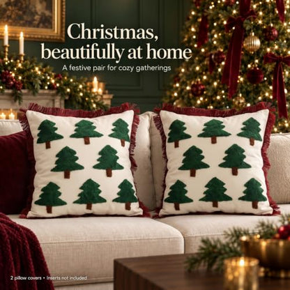 Christmas Pillow Covers Set of 2 - 18x18 Inch Tree Embroidered Throw Pillowcases with Tassels