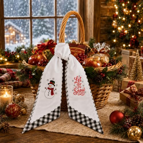 Christmas Wreath Sash Set - Black White Plaid & Embroidered Snowmen, Rustic Holiday Decor - Black White Plaid / 1 Set