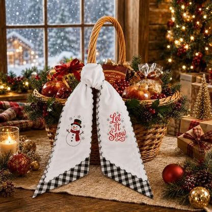 Christmas Wreath Sash Set - Black White Plaid & Embroidered Snowmen, Rustic Holiday Decor - Black White Plaid / 1 Set