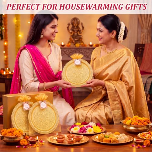 6 Pcs Gold Finish Indian Pooja Thali Tray Set for Religious & Festive Gift Giving