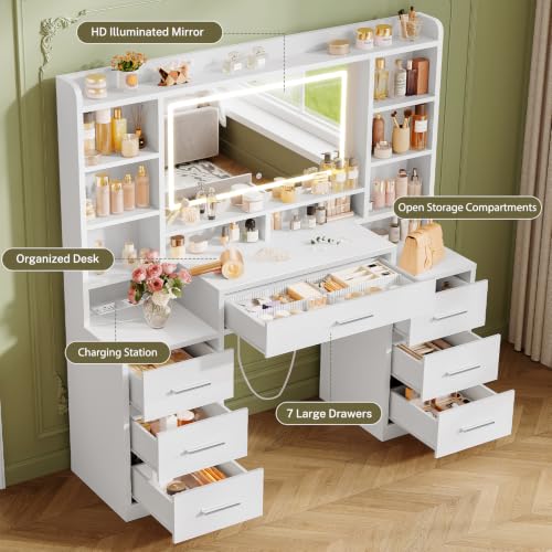 Large Vanity Desk with Mirror and 3-Color LED Lights, 7 Drawers & 6 Shelves, USB & Power Outlets, White
