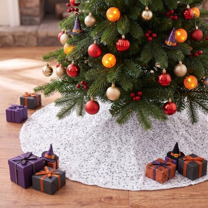 White Velvet Christmas Tree Skirt with Silver Sequins 24 Inch - Holiday Decor