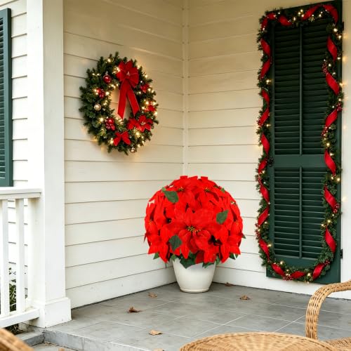 Red Artificial Poinsettia Christmas Plant in Pot - 20 Inch Holiday Decor - UV Resistant Indoor Outdoor