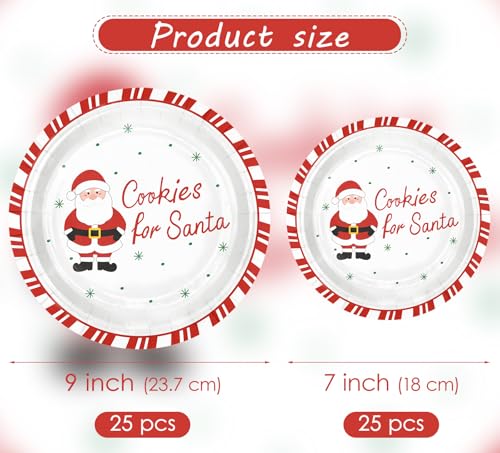 Christmas Paper Plates 50pcs - Santa Cookies Design, 7 & 9 Inch Disposable Party Tableware