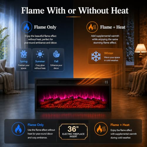 36-Inch Electric Fireplace Insert Heater with Remote & Timer - 36" Remote Control