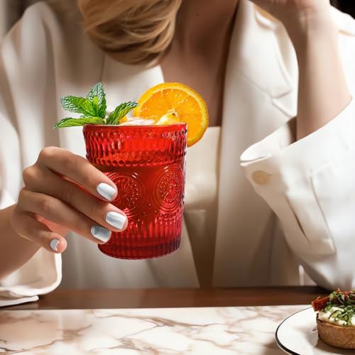 12 Pcs Vintage Highball Glass Set - 12oz & 9oz Embossed Ribbed Tumblers, Sunflower Pattern, Christmas Red (Variation: Red)