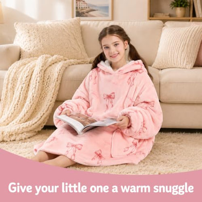 Pink Bow Wearable Blanket Hoodie for Kids 6-13 Years Oversized Christmas Gift