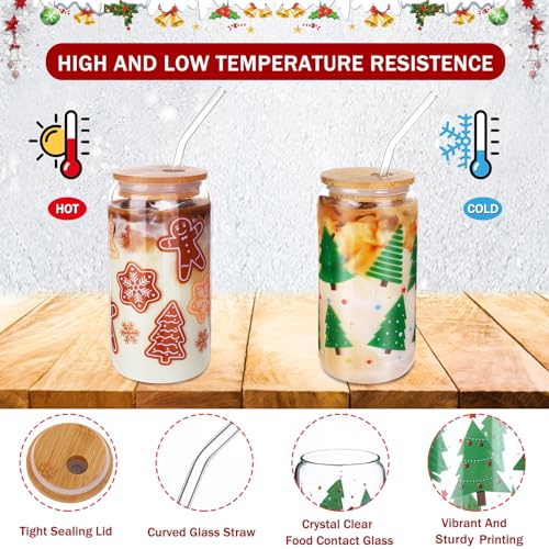 Christmas Glass Cups with Lids and Straws 16oz - Holiday Coffee Mugs Set
