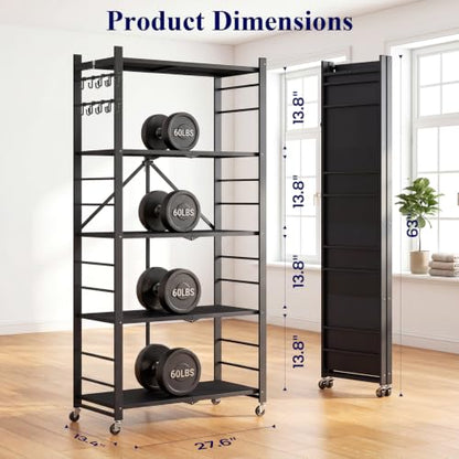 Black 18% Thickened 5-Tier Foldable Storage Shelves with Wheels - Heavy Duty Metal Organizer