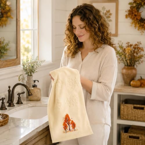 Fall Hand Towels 2 Pack - Beige Maple Leaves Jacquard, Soft Cotton, 29.5 x 13.8 Inches