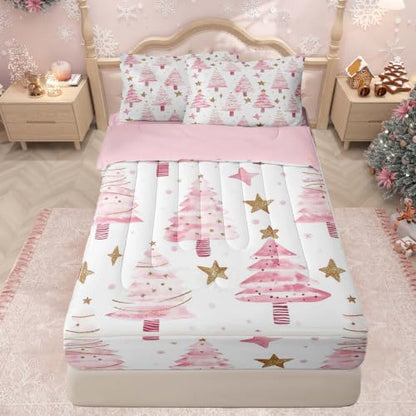 Pink Christmas Tree Comforter Set Twin with Zipper Bedding - Feelyou Pink Gold Variation