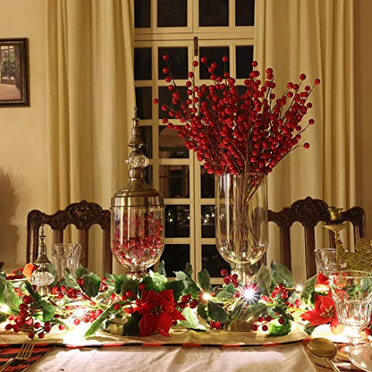 24 Pack Red Berry Stems for Christmas Decorations - 17in Holiday Floral Filler