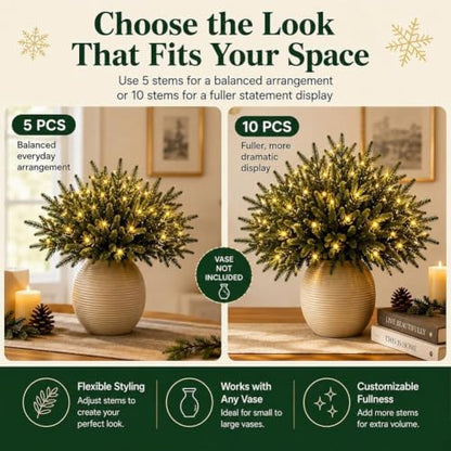 Green Enchanted Evergreen Pine with Lights for Christmas DIY Vase - 5 Pieces
