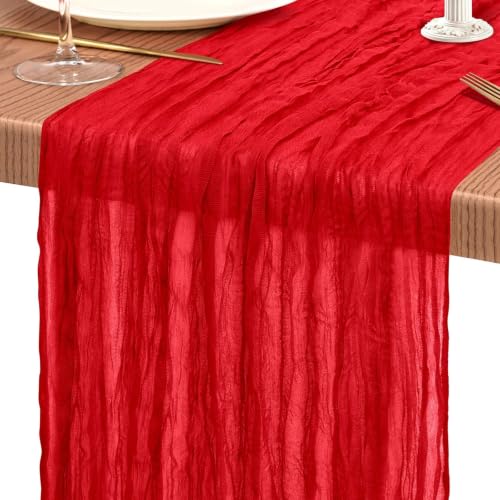 10FT Red Cheesecloth Table Runner for Weddings & Holiday Decor - Rustic Farmhouse Look