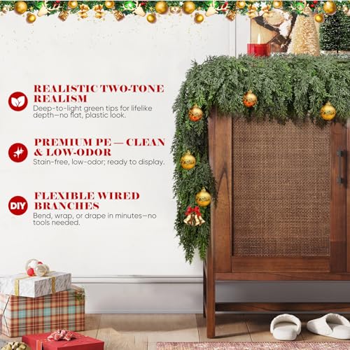12FT Thick Christmas Cedar Garland with 300 Branches and Real Touch Layers - Extra Full, Green