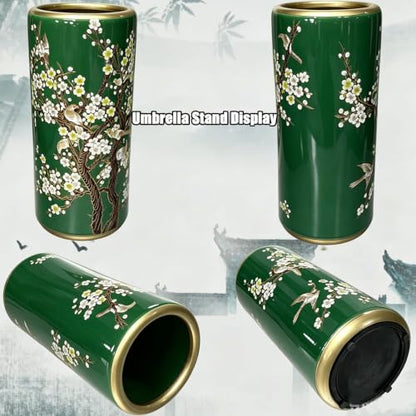 Multicolor Ceramic Umbrella Stand with Hand-Painted Floral Pattern - Green