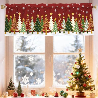 Christmas Window Valance 54x18 Inch Red Snowflakes & Trees Festive Curtain Pack of 1