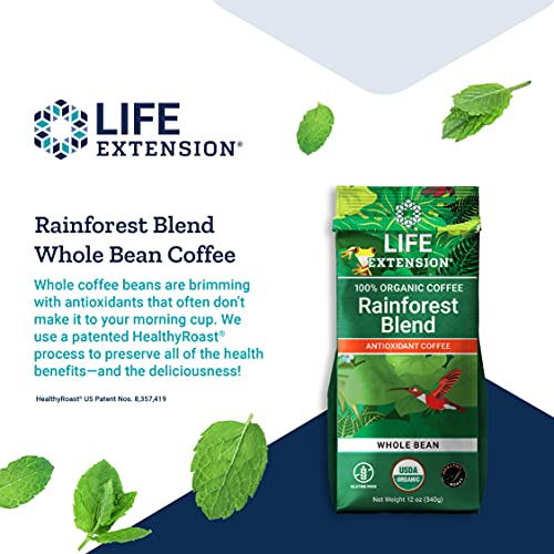 Life Extension Rainforest Blend Whole Bean Coffee Organic, Antioxidant Rich Coffee – Caffeinated – Vegetarian, Non-GMO, Gluten-free – 12 Ounces