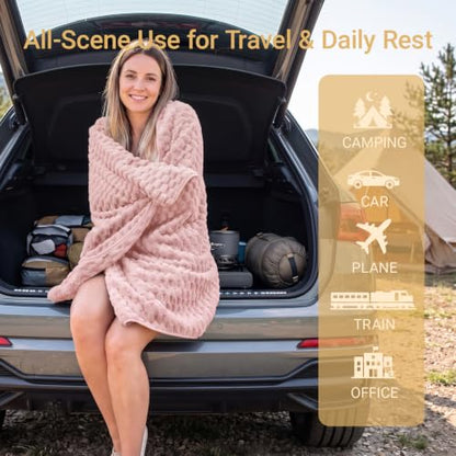 Pink Travel Blanket with Bag - Soft Fleece Portable Airplane Throw
