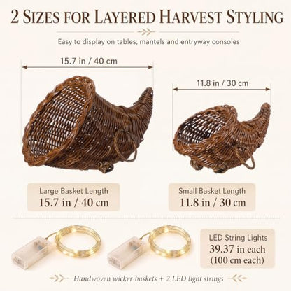 2 Pack Woven Rattan Cornucopia Basket with LED String Lights - Farmhouse Thanksgiving Decor