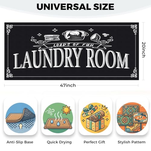Black Laundry Room Rug Runner 20" x 47" Non-Slip Quick Dry Floor Mat