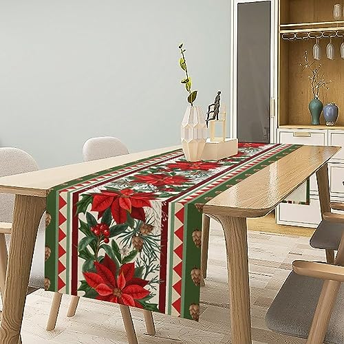 Christmas Table Runner 13x36 Inch Red Green Poinsettia Holly Pattern Holiday Decor W13"xL36"