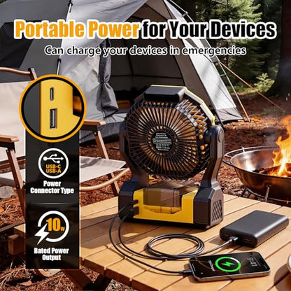Yellow Battery-Operated Portable Fan for Dewalt 20V Max - 4 Speeds & Lights