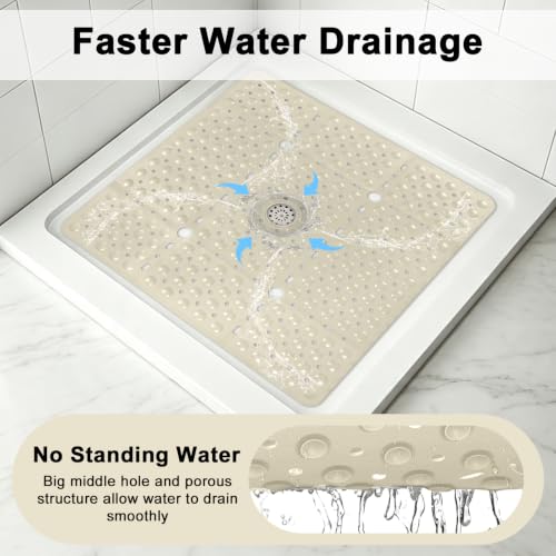 Khaki Non Slip Shower Mat 27 x 27 Inch with Suction Cups, Quick Drain - EIVINJE
