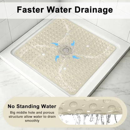 Khaki Non Slip Shower Mat 27 x 27 Inch with Suction Cups, Quick Drain - EIVINJE