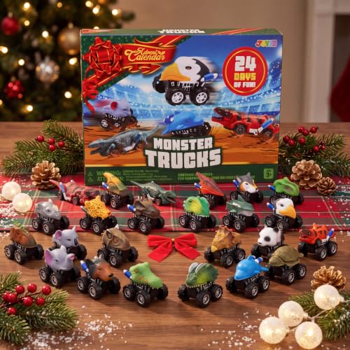 Christmas Advent Calendar with 24 Monster Truck Toys - Holiday Countdown & Party Favor