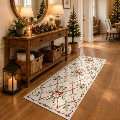 Morebes 2x6 Vintage Cream Red Christmas Runner Rug - Washable Entryway Mat