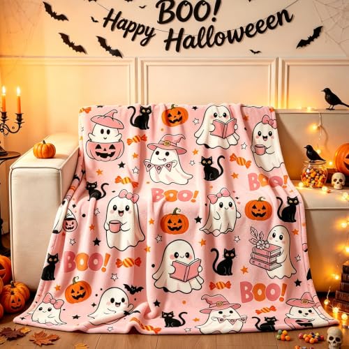 Pink Ghost Halloween Throw Blanket with Pumpkin & Black Cat Design - 50x60 Inches - Cozy Microfiber Decor