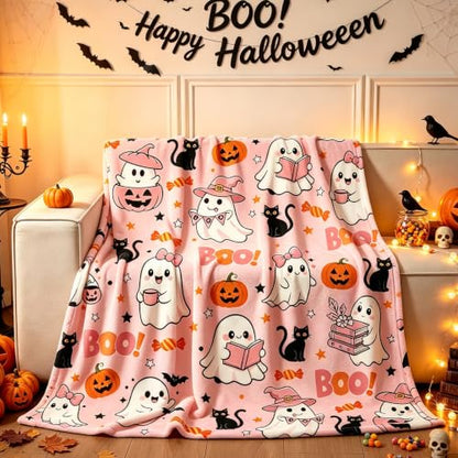 Pink Ghost Halloween Throw Blanket with Pumpkin & Black Cat Design - 50x60 Inches - Cozy Microfiber Decor