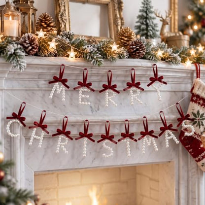 Christmas Pearl Letter Garland Banner with Velvet Bows - Holiday Decor