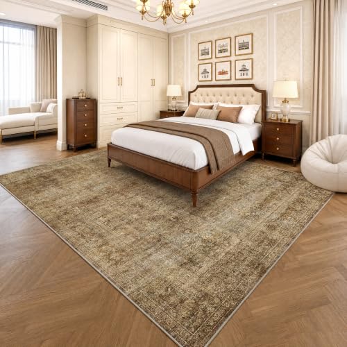 8x10 Brown Neutral Vintage Distressed Area Rug for Bedroom - Washable, Non Slip