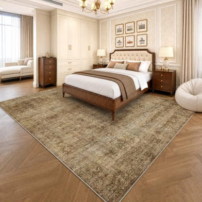 8x10 Brown Neutral Vintage Distressed Area Rug for Bedroom - Washable, Non Slip