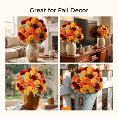 Artificial Fall Flowers Topiary Balls - Fake Mums for Outdoors, Orange, 2 Pack