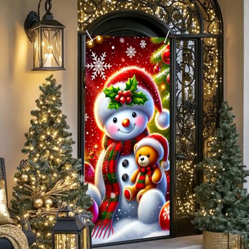 Christmas Snowman Door Cover 35x71 Inch Holiday Banner with Teddy Bear - Colorful Banner #02