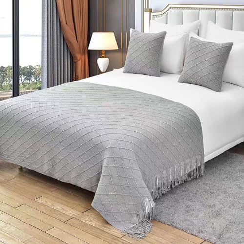 Decorative Bed Runner with Tassels and Diamond Knit Pattern - All Season Waffle Knit Textile 51x67in