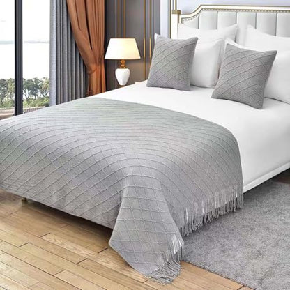 Decorative Bed Runner with Tassels and Diamond Knit Pattern - All Season Waffle Knit Textile 51x67in