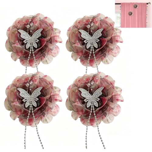 Dark Pink Organza Curtain Flower Clips with Butterfly Decor - 4 Pack