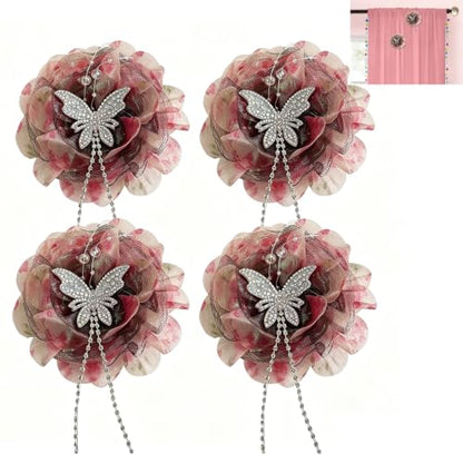 Dark Pink Organza Curtain Flower Clips with Butterfly Decor - 4 Pack