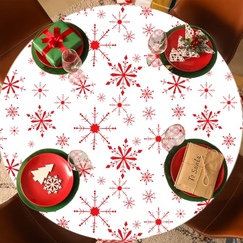 12 Pack Christmas Snowflake Tablecloths - Red & White, 80 Inch Round Plastic Holiday Table Cover - Winter Party Decor