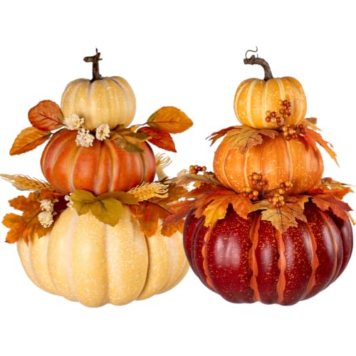 2Pcs Large Stacked Pumpkin Decor Set - Light Yellow & Orange Autumn Topiaries with Maple Leaves for Fall Harvest Halloween Thanksgiving