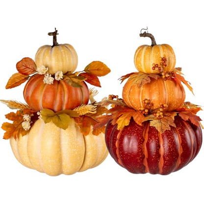 2Pcs Large Stacked Pumpkin Decor Set - Light Yellow & Orange Autumn Topiaries with Maple Leaves for Fall Harvest Halloween Thanksgiving