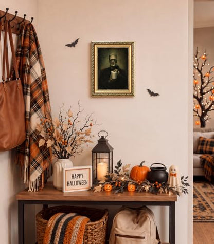 Halloween Vintage Gold Frame Wall Art - Frankenstein Holding Toilet Paper Variation